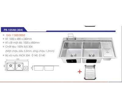 CHẬU RỬA CHÉN INOX SUS 304 KHÔNG SƠN CAO CẤP PR-10548A(304)