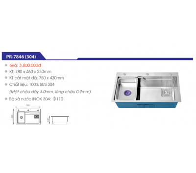 CHẬU RỬA CHÉN INOX SUS 304 CAO CẤP PR-7846(304)