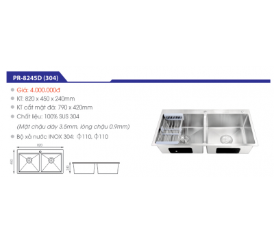CHẬU RỬA CHÉN INOX SUS 304 KHÔNG SƠN CAO CẤP PR-8245D(304)