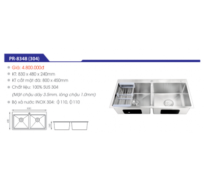 CHẬU RỬA CHÉN INOX SUS 304 KHÔNG SƠN CAO CẤP PR-8348(304)