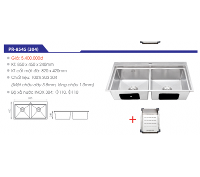 CHẬU RỬA CHÉN INOX SUS 304 KHÔNG SƠN CAO CẤP PR-8545(304)