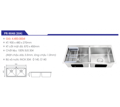CHẬU RỬA CHÉN INOX SUS 304 KHÔNG SƠN CAO CẤP PR-9048(304)