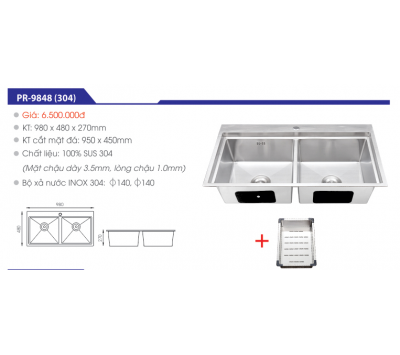 CHẬU RỬA CHÉN INOX SUS 304 KHÔNG SƠN CAO CẤP PR-9848(304)